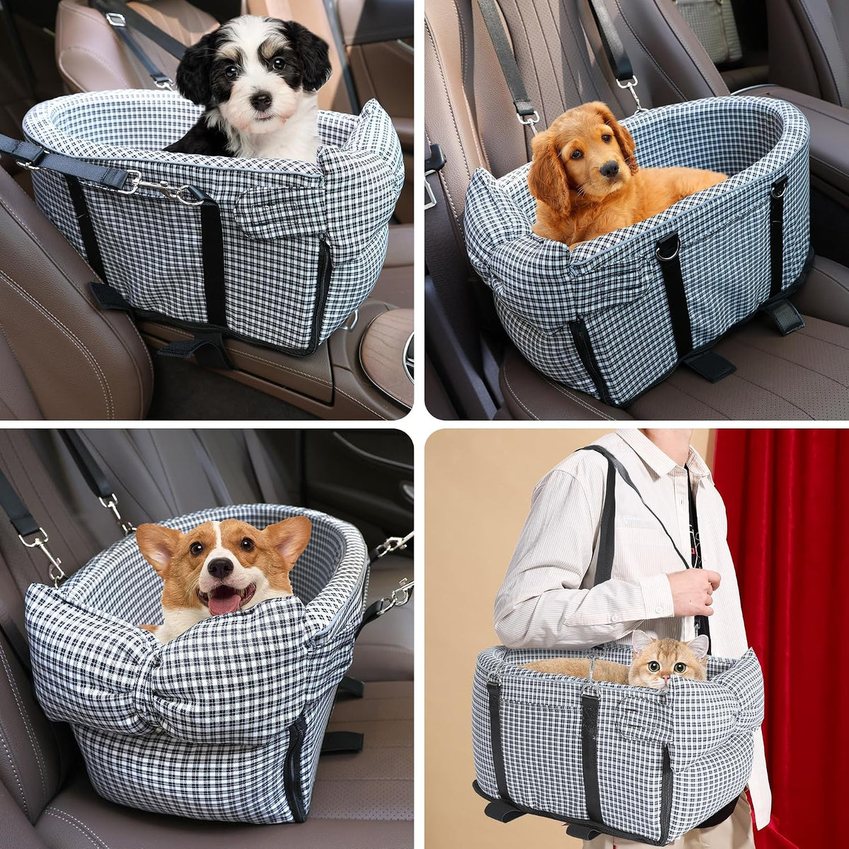 Center Console Dog Car Seat Dog Bed for Car Console Portable Armrest Booster Seat Carrier for Small Medium Dogs Anti-Collapse for Puppy Pet Up to 15 Lbs（Grid Black）