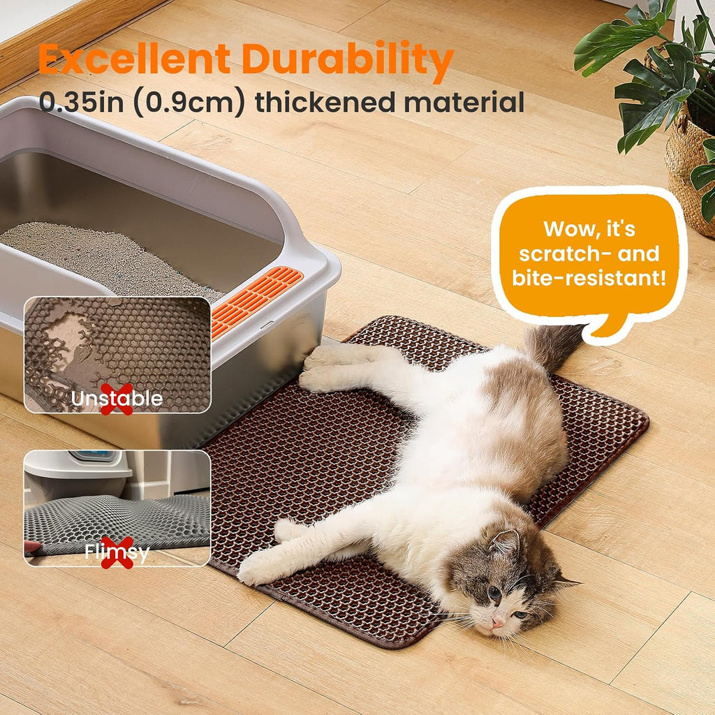 Cat Litter Mat, Double Layer Honeycomb Litter Box Mat | 24x18”, Efficient Litter Trapping, Easy to Clean, Waterproof, Non-Slip, Soft on Paws, Scratch Resistant, Brown, Large