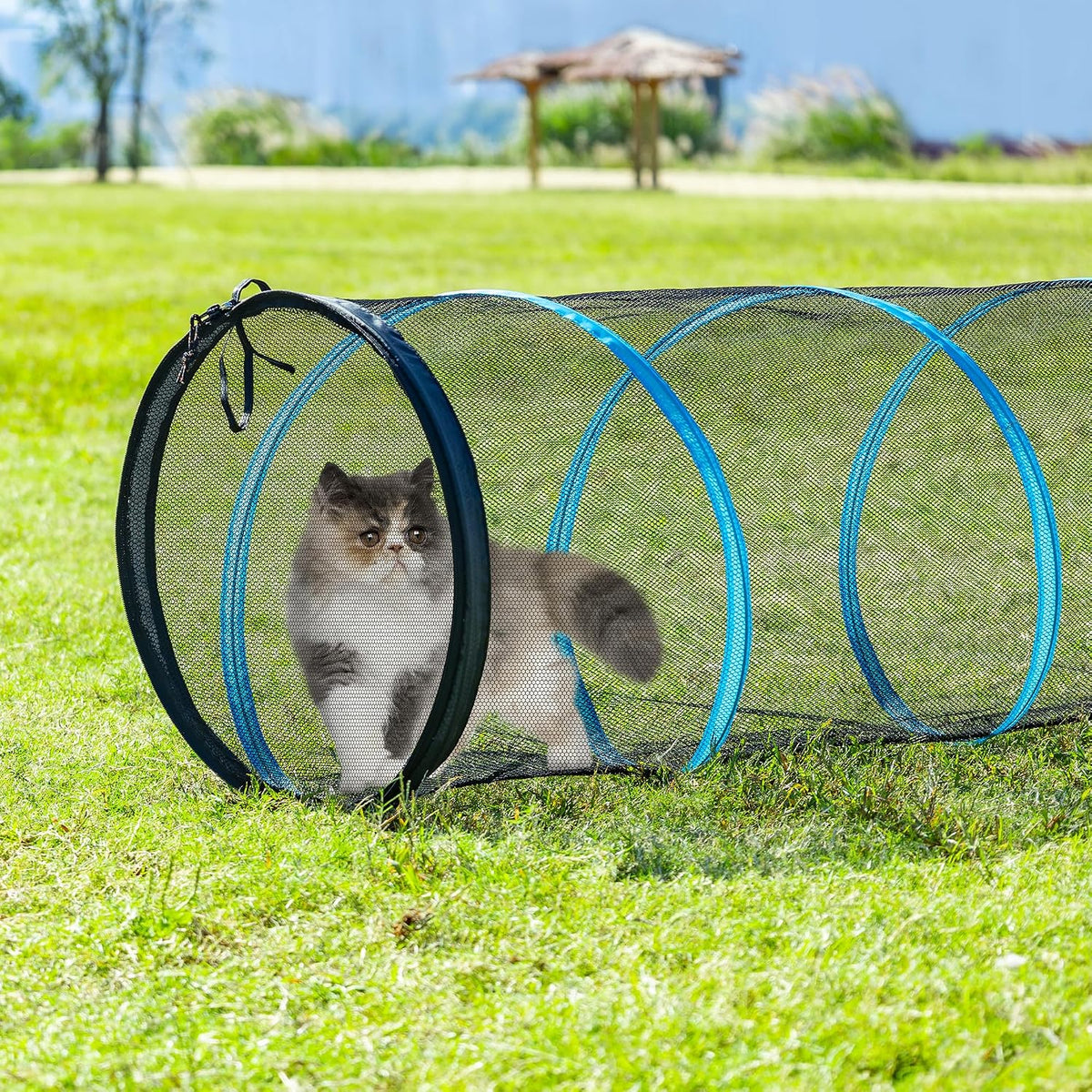 Cat Play Tunnel-for Indoors and Outdoors,Cat Tunnel Outdoor, Kitty Outdoor Enclosure, Cat Enclosures Easy to Connect with Two Zipper Doors,Product Size 59'' x 18'',3pcs /Set,Blue,3 Packs