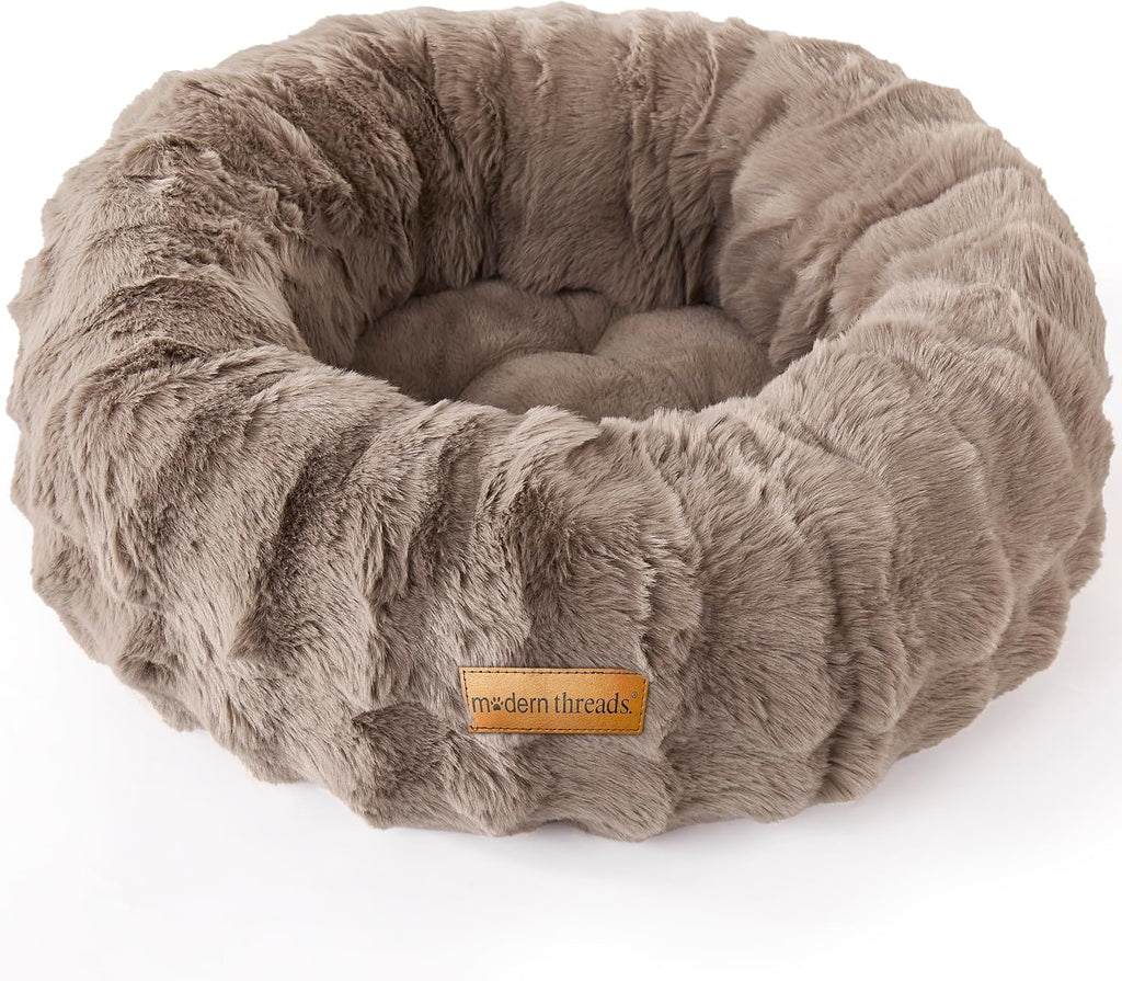 Modern Threads Calming Donut Dog Bed for Small Dogs, Plush Round Faux Fur Pet Bed with Raised Bolster, Soft Washable Dog Bed, 24x24x9, Taupe