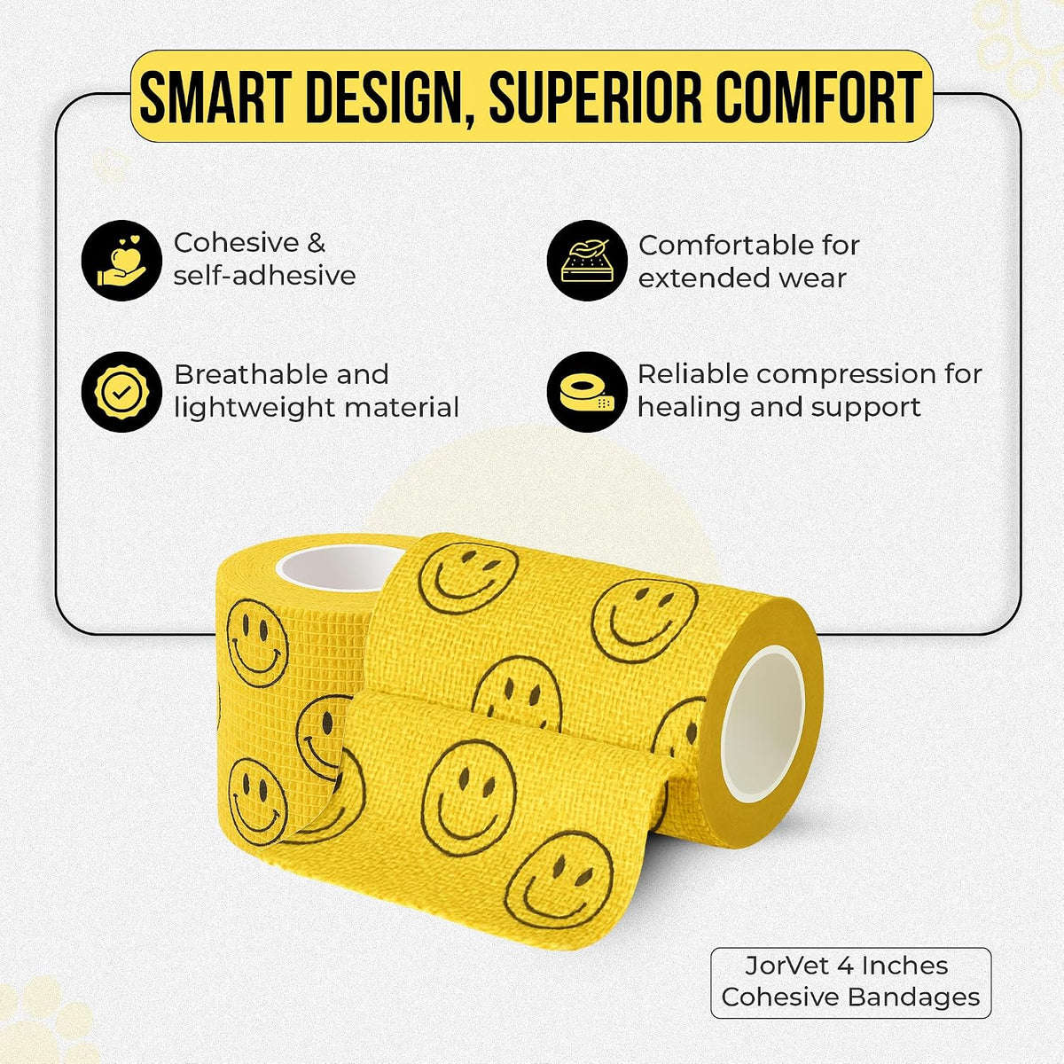 JorVet 4" x 10 Yards Cohesive Bandages | Fun Self-Adhesive Wrap for Animal Wound | Easy Tear, No Scissors Needed | Individually Wrapped Vet Tape, Secure & Flexible | Smiley Face Yellow | Pack of 12