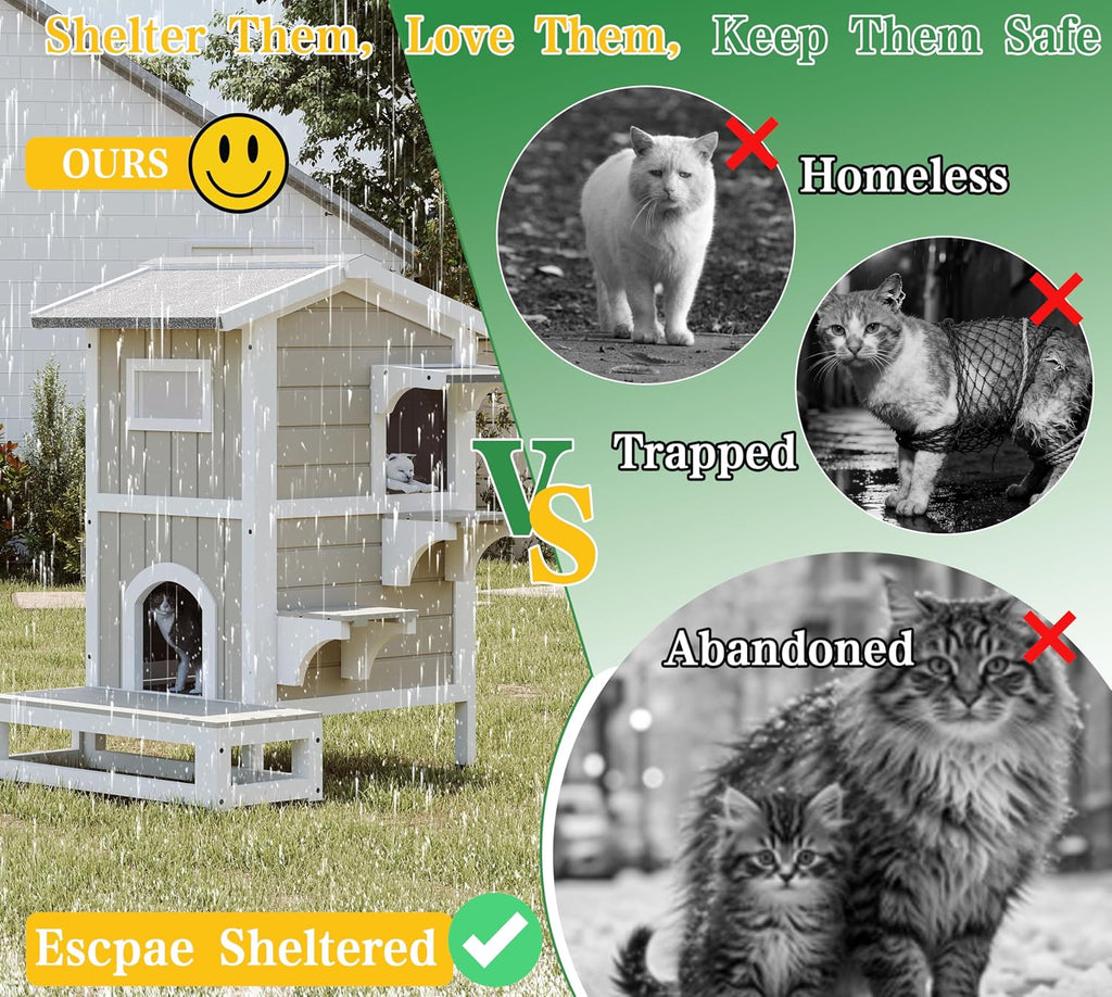 GoWoodHut Outdoor Cat House Weatherproof Cats Shelter for Feral Kitten Pet Houses for 1-2 Small Animlas 2 Story Wooden Houses for Indoor Outdoor Cats with Escape Doors (29.7" D x 22.8" W x 35.4" H)