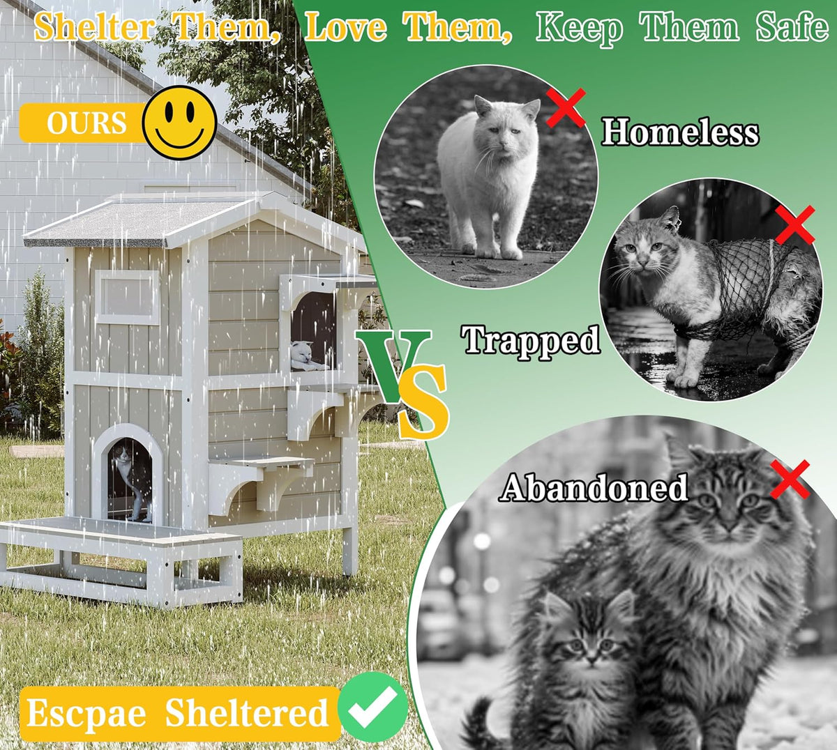 GoWoodHut Outdoor Cat House Weatherproof Cats Shelter for Feral Kitten Pet Houses for 1-2 Small Animlas 2 Story Wooden Houses for Indoor Outdoor Cats with Escape Doors (29.7" D x 22.8" W x 35.4" H)