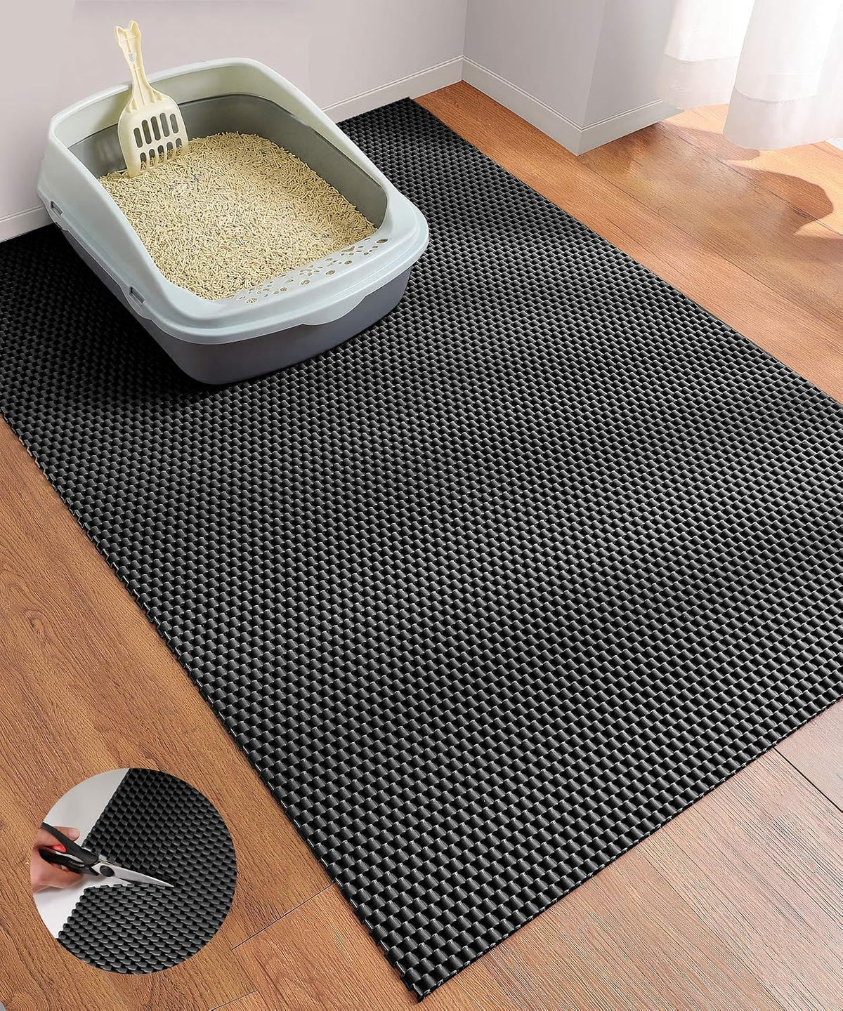 Cooyes Cat Litter Mat - Cut to Fit Any Place, 40"x28" Litter Trapping Mat | for Litter Box, Large, Easy to Clean, Waterproof & Non-Slip Kitty Pad, Scatter Control to Protect the Floor (Black)
