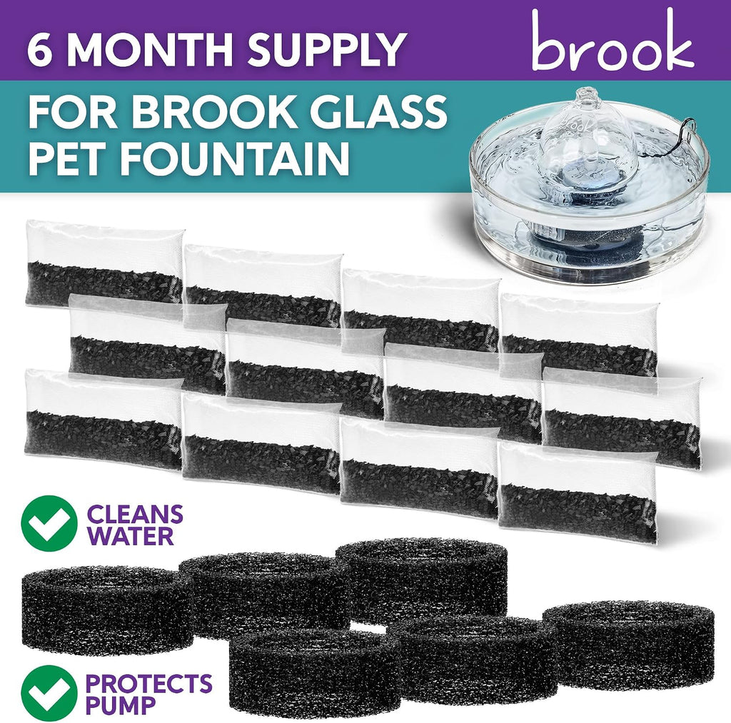 BROOK Glass Pet Fountain Filter Replacement Set – 6 Filter Rings & 12 Activated Carbon Pouches – Up to 6 Month Supply Replacement Filters Set for BROOK Cat Fountain