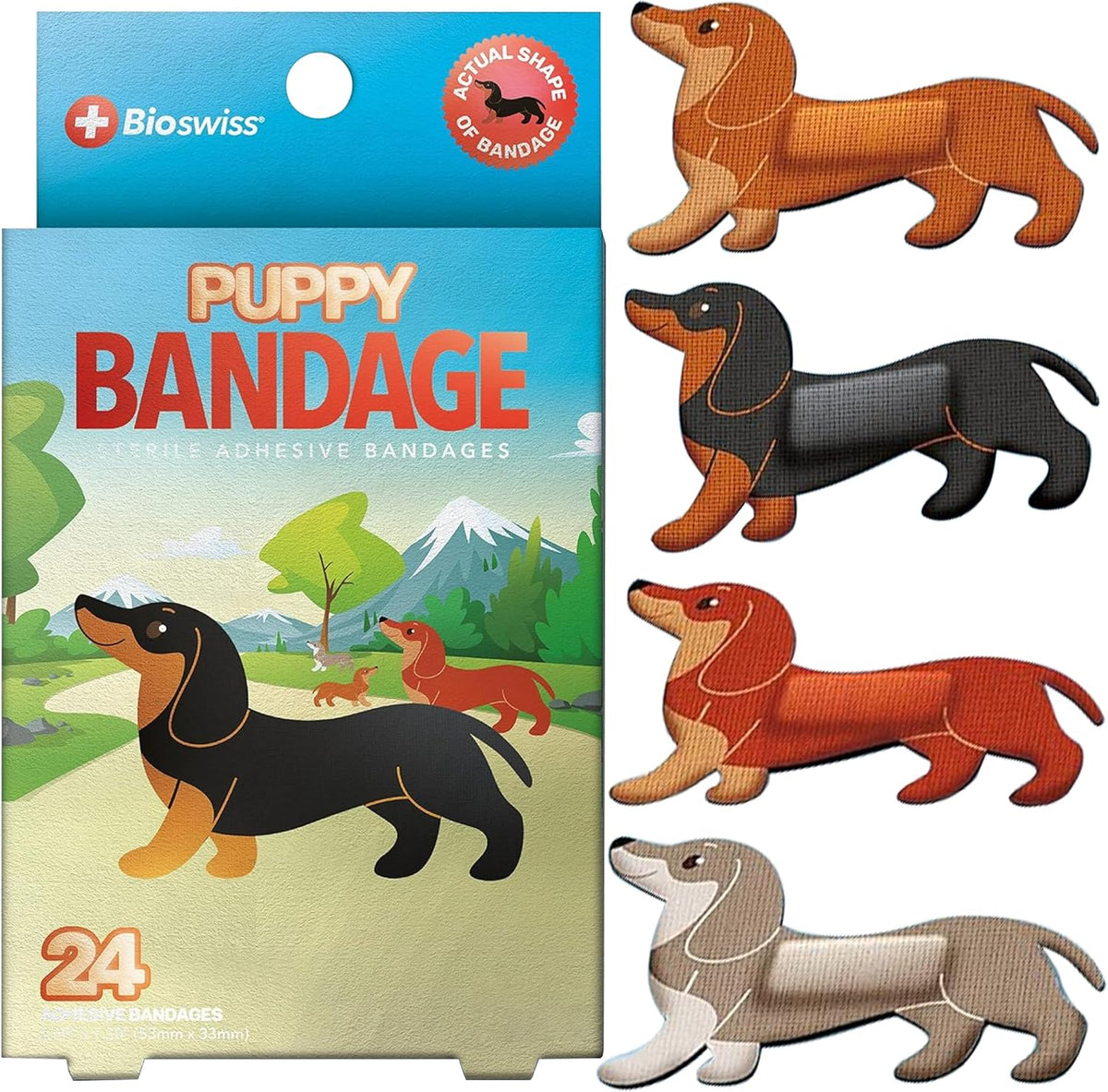 BioSwiss Bandages, Weiner Dog Shaped Self Adhesive Bandage Set, Latex Free, Sterile Wound Care, 24 Count