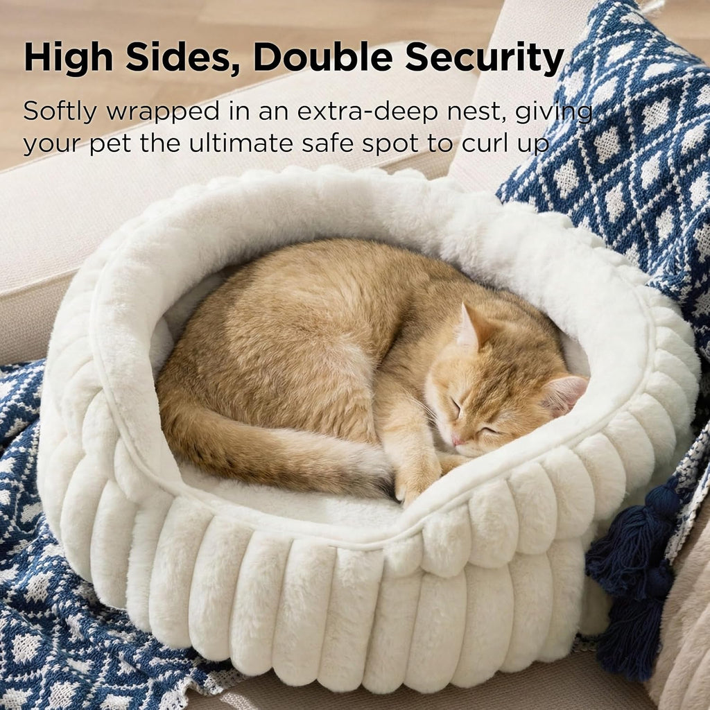 Bedsure ComfyFleece® Washable Cute Cat Bed,Soft Round Kitten Bed,20in,Cream