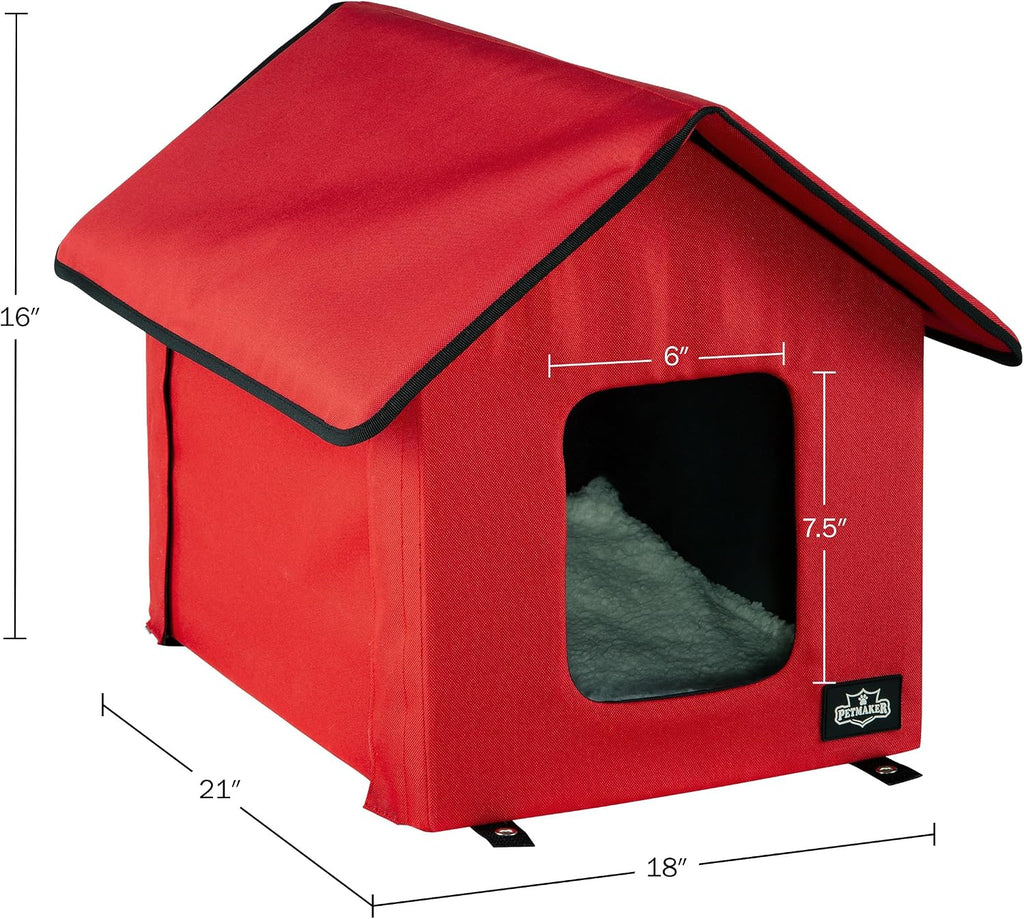 Heated Cat House - Double-Door Cat Bed with Zippered Roof, Pet Heating Pad, and Sherpa Cover - for Garage, Porch, Barn, or Basement by PETMAKER (Red)