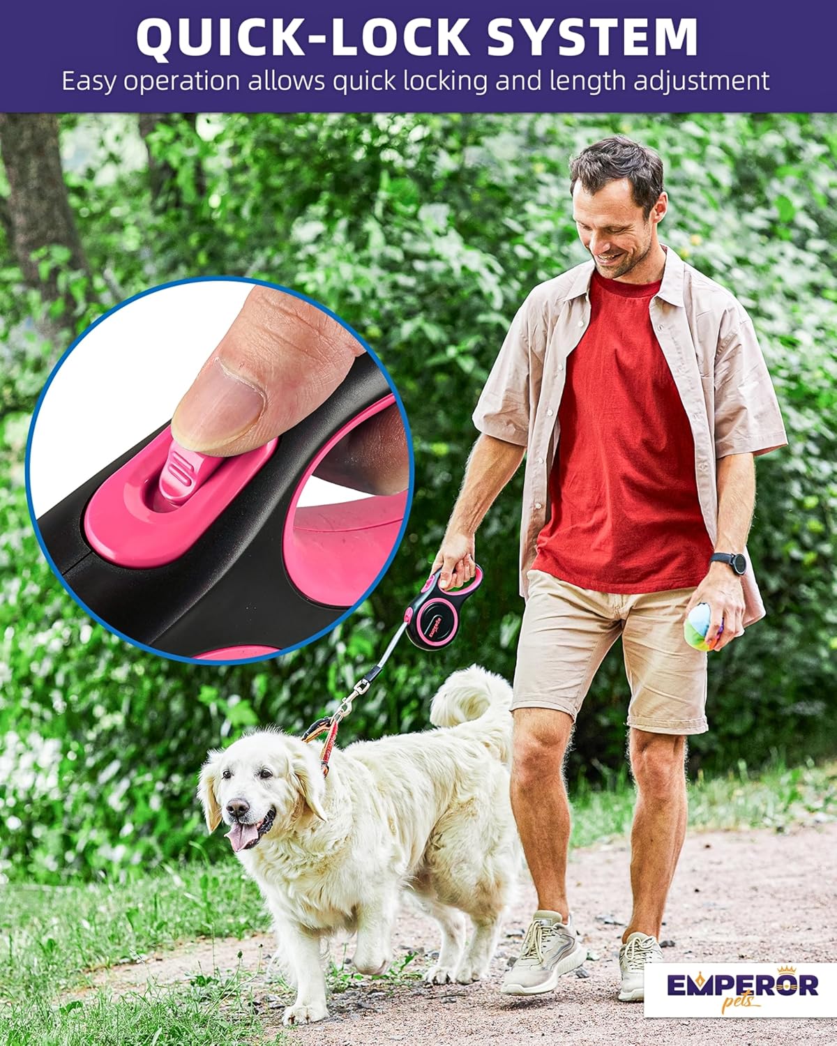 EMPEROR PETS 26.1 ft Retractable Dog Leash, for Dogs 10-110 lbs, Pink