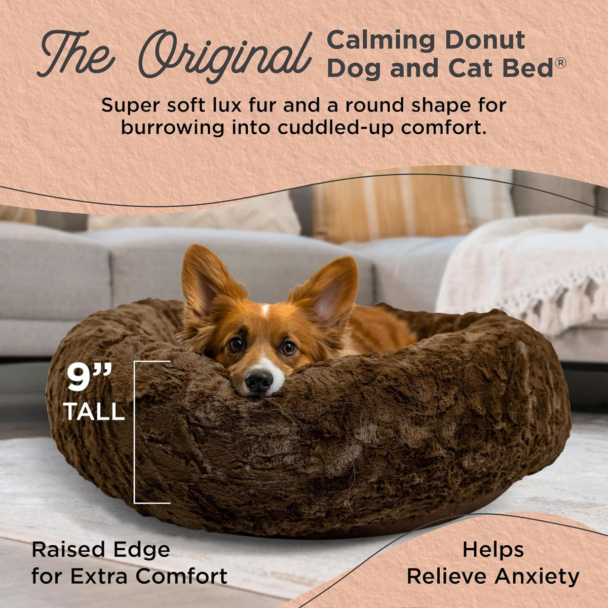 Best Friends by Sheri The Original Calming Donut Dog Bed for Medium Dogs up to 45 lbs, Lux Faux Fur, Dark Brown, Medium, 30" x 30"
