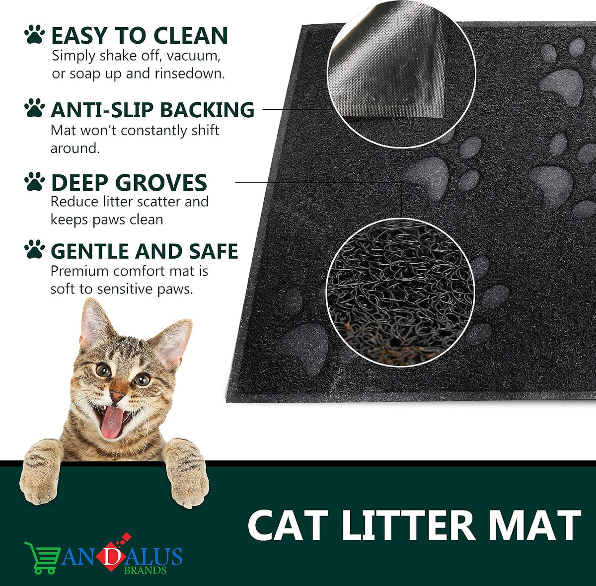 Andalus Medium Cat Litter Mat, Pack of 2 - Waterproof, Non-Slip & Easy to Clean Cat Litter Box Mat for Extra Efficient Pet Litter-Trapping, Black (23.5” X 15.75”)