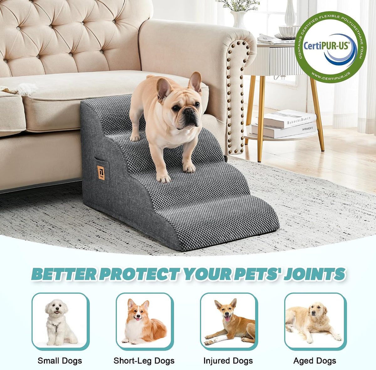 IFNOW Dog Stairs for Small Dogs 15.7''H, 4-Step Sturdy Dog Steps for Bed, Couch, Sofa, Waterproof Pet Stairs for Older Cats, Puppy, Removable Washable Cover, Non-Slip Curved Pet Ramp Indoor, Grey