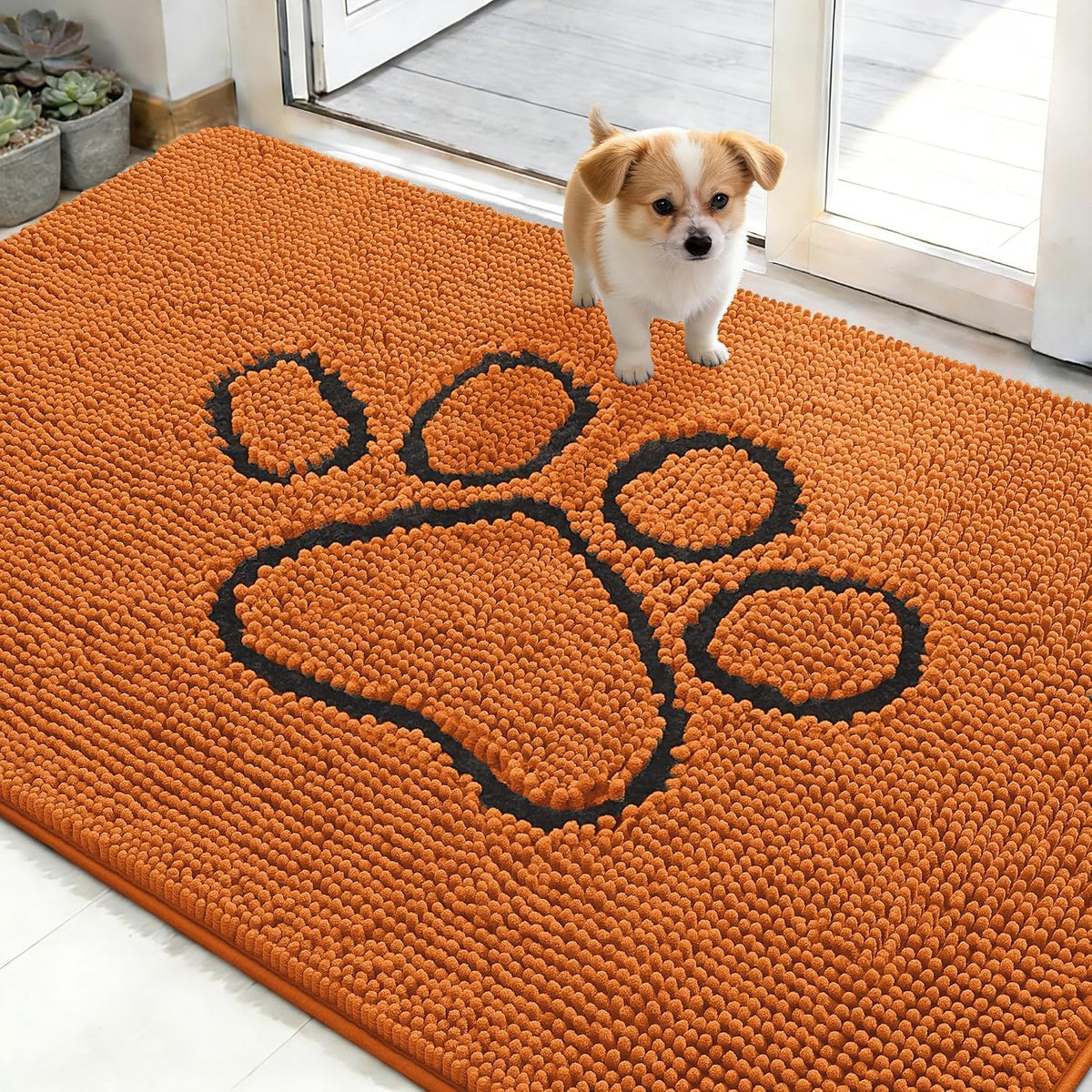 OLANLY Dog Door Mat for Muddy Paws 48x30, Paw Print Design Chenille Mud Mat