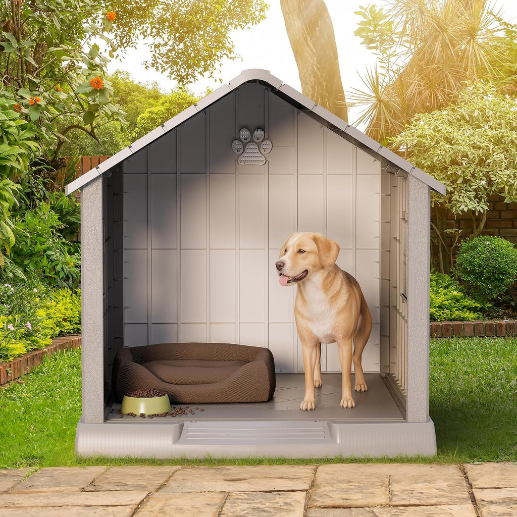 Fancyango Dog House Outdoor Indoor - Waterproof, Ventilated, Easy to Clean, Elevated Floor for Small-Large Dogs, Easy to Assemble (Grey, 37.2" L x 40" W x 40" H)