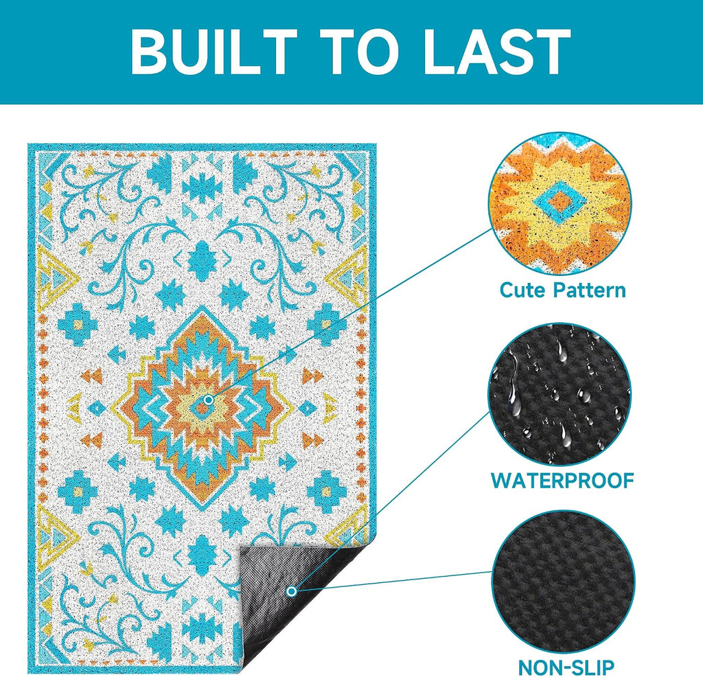 Cat Litter Mat, 35" x 23" Litter Box mat, Traps 100% Litter, Non-Slip Kitty Litter Trapping mats, Large Cute Litter mat, Easy Clean for Scatter Control, Bohe cat Food mat, Urine Waterproof | Traps 100% Litter, Cute litter mat for litter box, Soft on Ki...