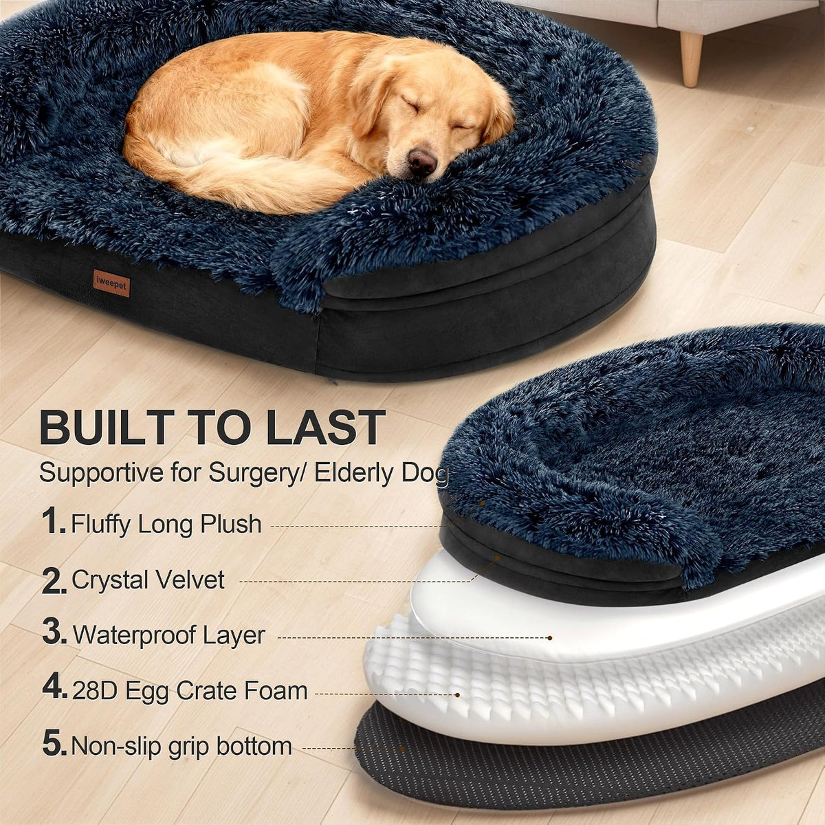 iweepet 3.7 inch Thickened Orthopedic Dog Beds for Medium Dogs, Supportive Dog Sofa Bed with 28D Egg-Crate Foam,Removable Washable Plush Cover,Waterproof Lining, Half-Round Design for Puppy,Senior Dog