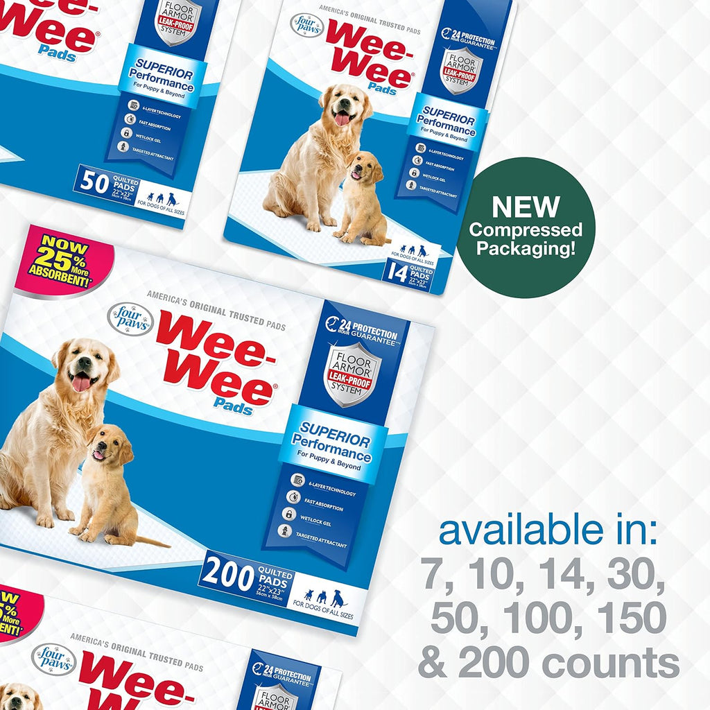 Four Paws Wee-Wee Superior Performance Dog Pee Pads, 100 Count | Quilted leak-proof puppy pads, dog housebreaking & potty training, 24-hour floor protection, pet supplies, 22" x 23"
