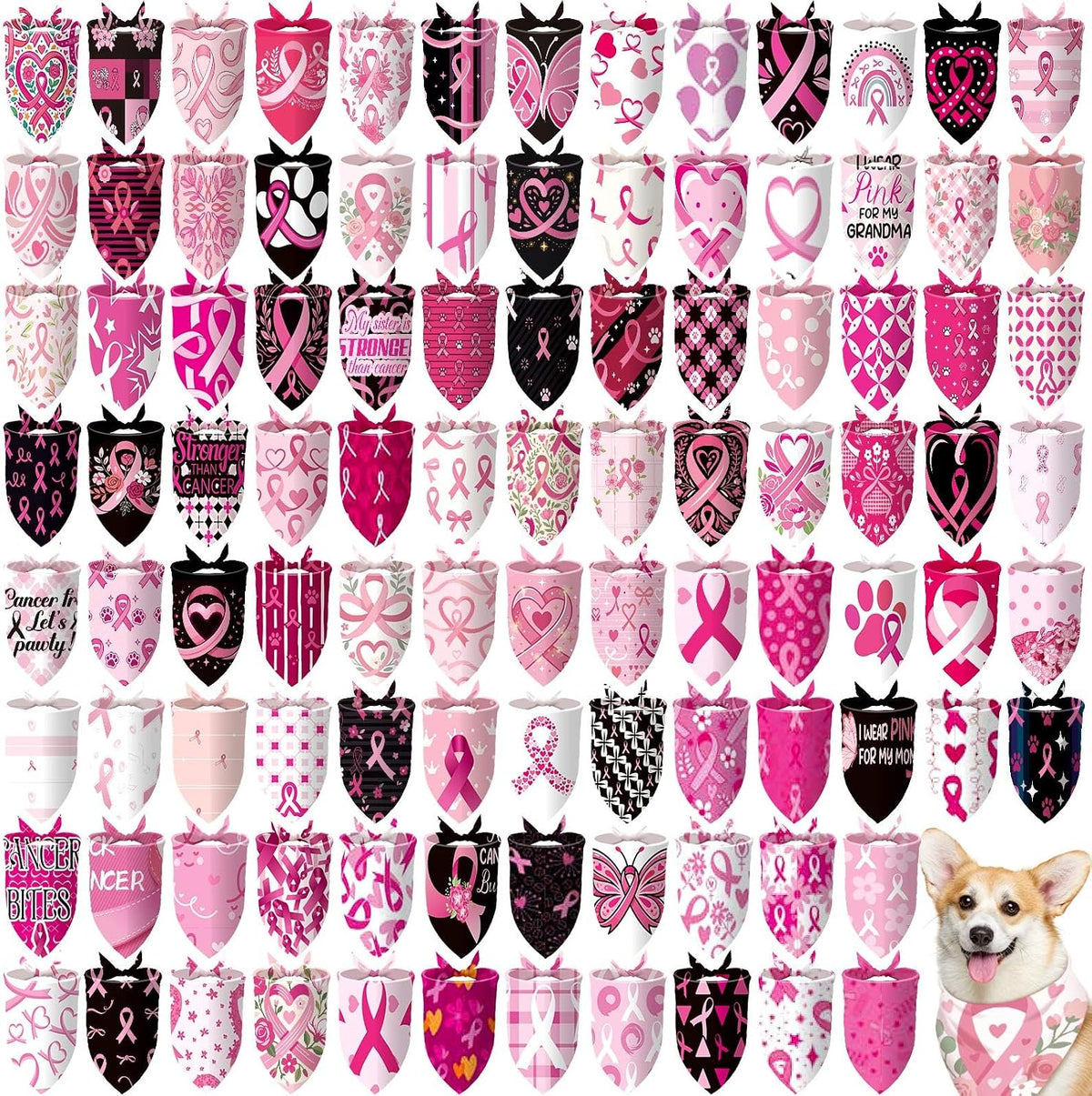 Huhumy 100 Pcs Breast Cancer Dog Bandanas Pink Ribbon Bandanas for Dogs
