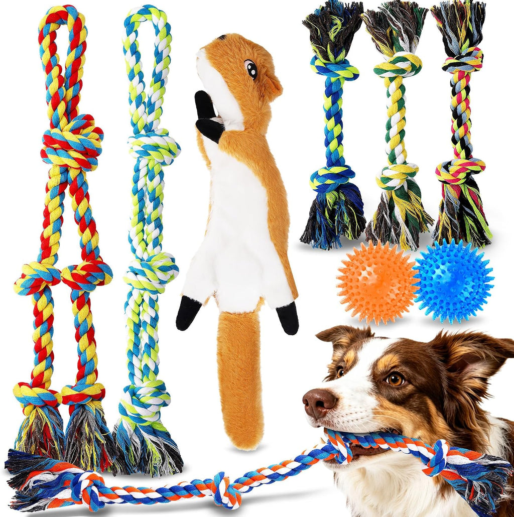Forfon 9 Pack Dog Rope Toy Set for Large Dogs, Tough Dog Chew Toys for Aggressive Chewers, Interactive Tug of War Toys with Squeaky Plush & Squeaky Balls for Teeth Cleaning & Chewing