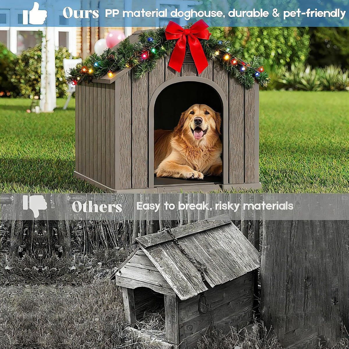 Fancyango Large Dog House Outdoor Indoor for Medium Large Dogs, Sturdy Plastic Waterproof Doghouse with Air Vents and Elevated Floor, Easy Clean and Assemble (Light Grey, 36.2''L×38''W×38''H)