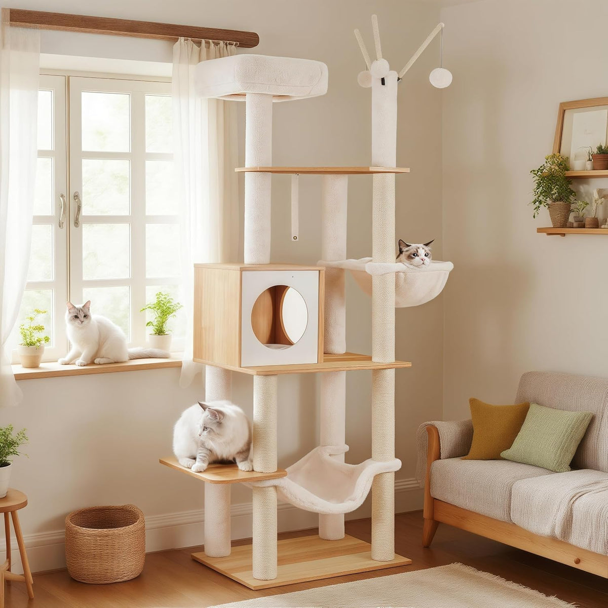Hey-brother Wooden Cat Tree Tower with Hammock for Indoor Cats, MPJ120WB