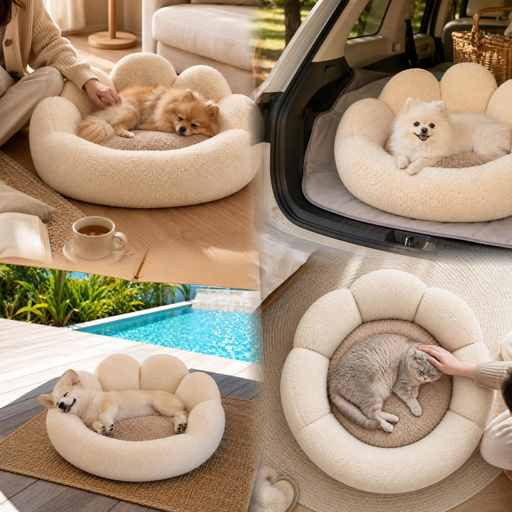Small Dog Bed, Flower-Shaped Calming Cat Bed, 27 in, Beige