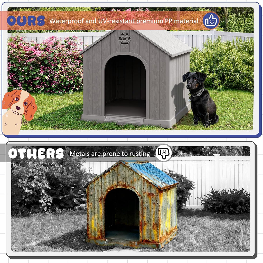 Bifanuo Outdoor Indoor Dog House for Small & Medium Dogs - Weatherproof Shelter with Elevated Floor, Hidden Vents & Tool-Free Assembly (Classic Grey, 26" L x 23.6" W x 25.8" H)