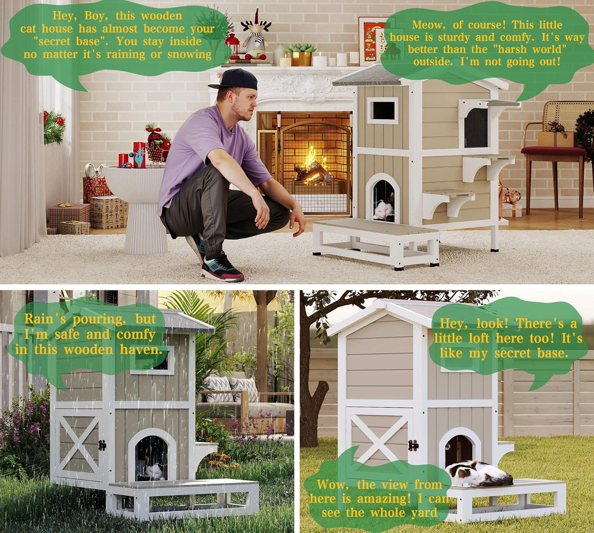 GoWoodHut Outdoor Cat House Weatherproof Cats Shelter for Feral Kitten Pet Houses for 1-2 Small Animlas 2 Story Wooden Houses for Indoor Outdoor Cats with Escape Doors (29.7" D x 22.8" W x 35.4" H)