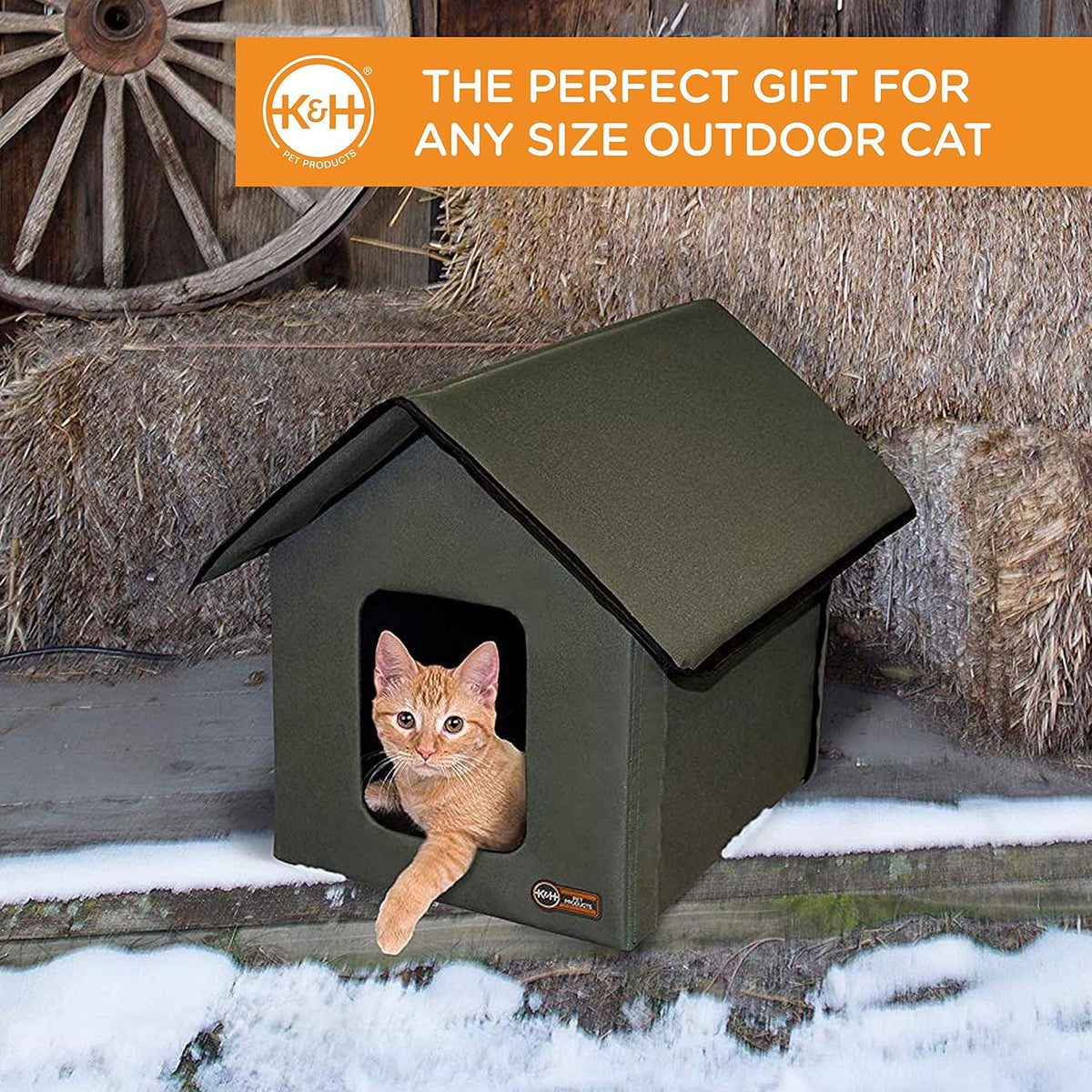 K&H Heated Cat House, Outdoor Kitty Shelter, Safety Listed, 20W, Log Cabin