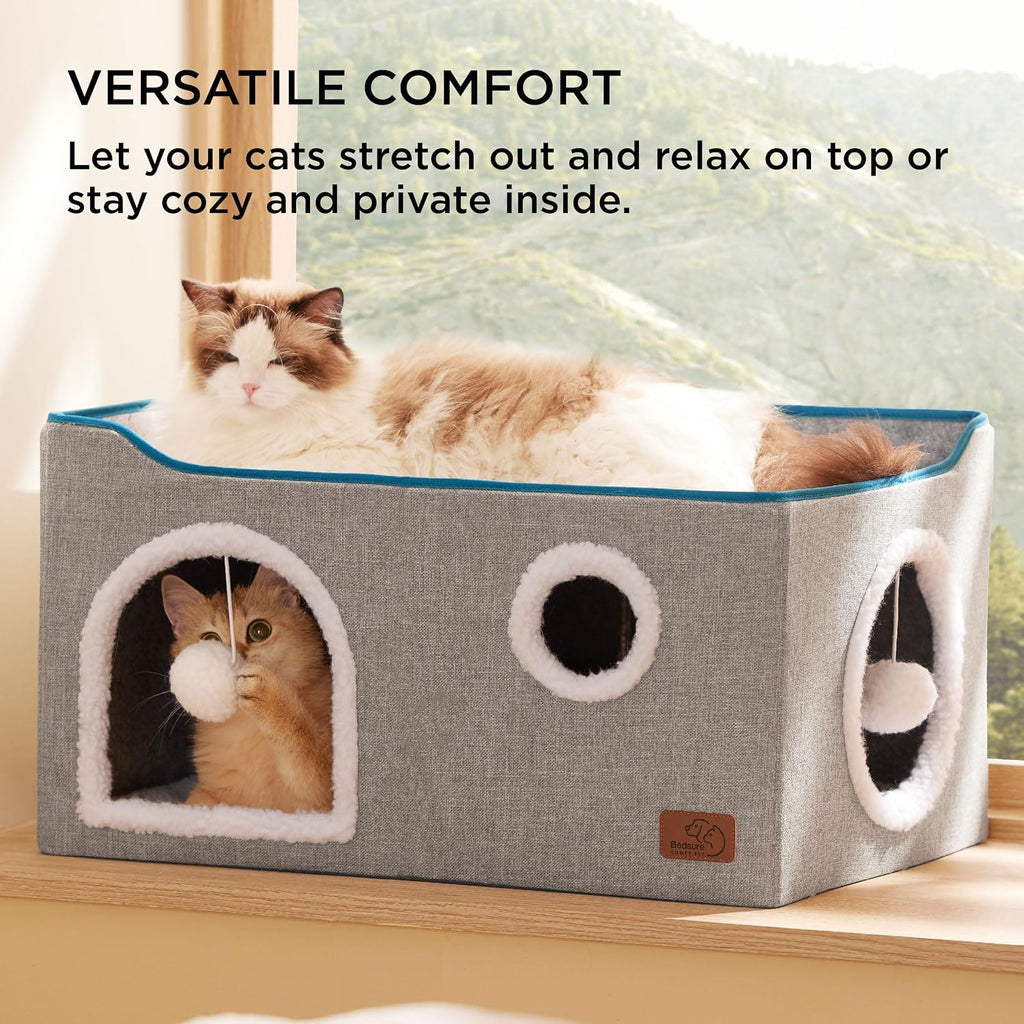 Bedsure Extra Wide Cat House Bed with Fluffy Ball and Scratch Pad,Grey