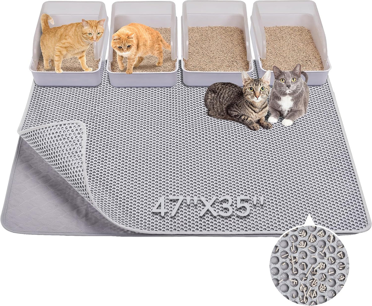 BurgeonNest Cat Litter Mat 47" x 35" XL, Washable Urine-Proof Non-Slip Gray | Machine Washable, Upgraded Felt & Fabric Material Litter Mat for Fewer Creases, Hold 3-4 Litter Boxes, Soft on Paws