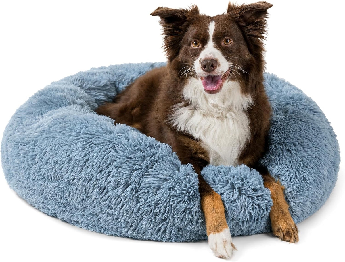 PetAmi Calming Donut Dog Bed, Washable Faux Fur, 30 Inch Medium, Blue