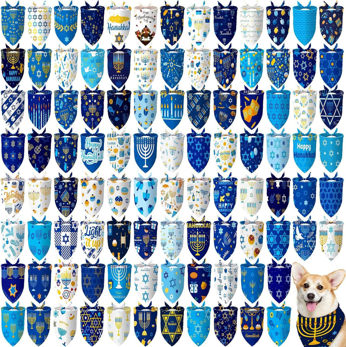 Huhumy 100 Pcs Hanukkah Dog Bandanas Bulk Bandana for Dogs Hanukkah Decor