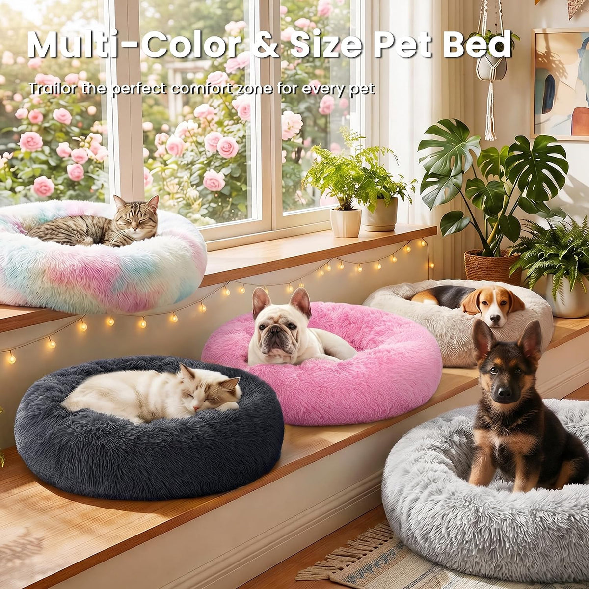 Love's cabin Calming Cat Bed for Indoor Cats, Anti-Anxiety Donut Round Dog Bed, Fluffy Faux Fur Washable Pet Bed for Small Medium Dogs and Cats, Pink, 20in