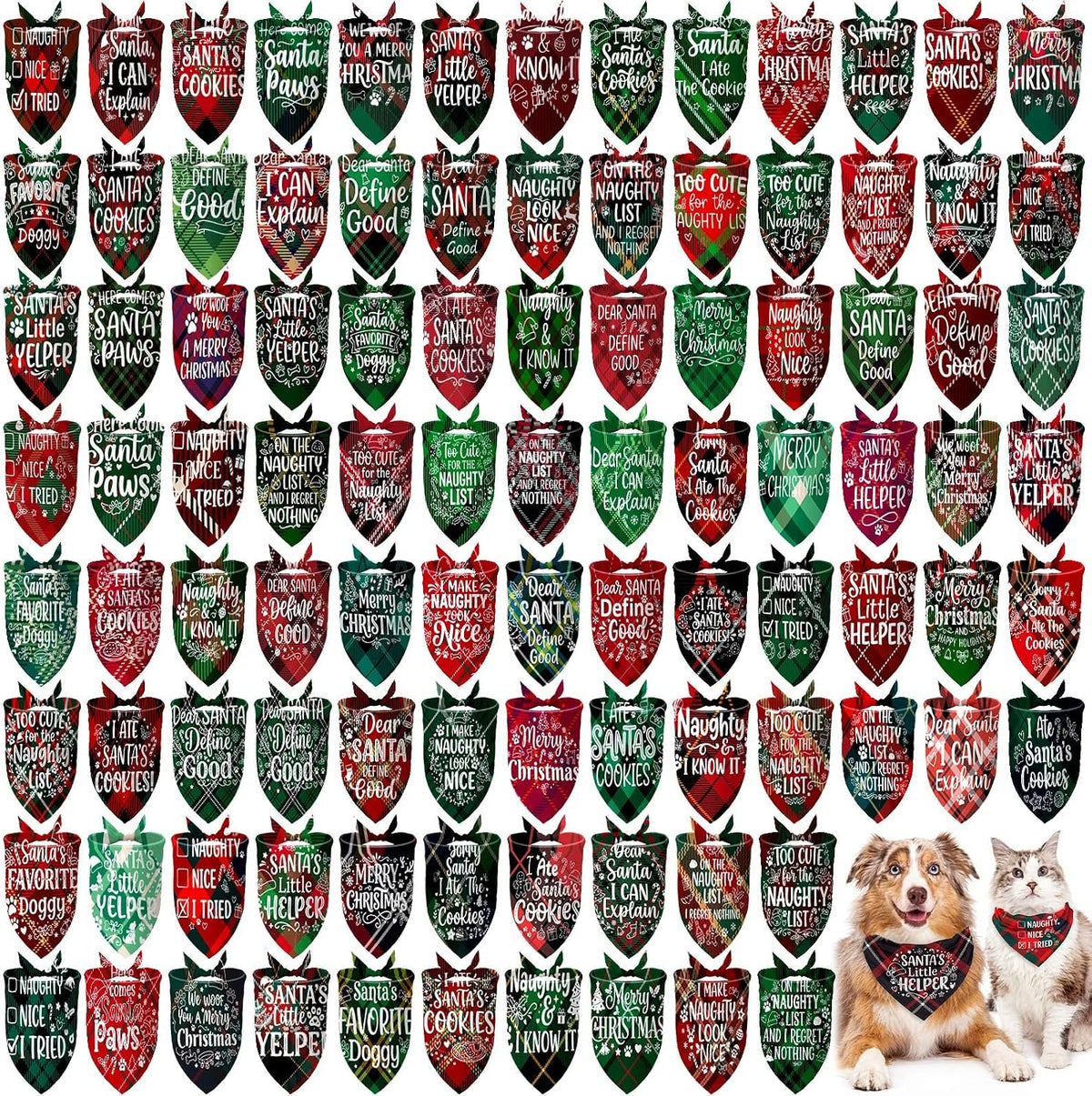 Huhumy 100 Pcs Christmas Plaid Dog Bandanas Bulk Plaid Bandanas for Dogs