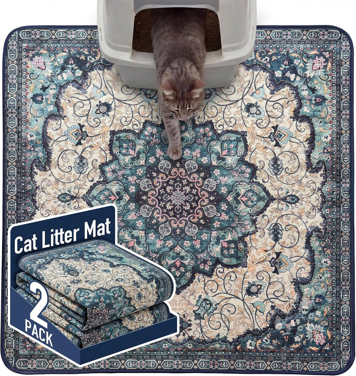 Hompet Cat Litter Mat 2 Pack, 36x36 Large Machine Washable Trapping Mats for Cats, Super Absorbent & Urine-Proof Cat Litter Box Mat for Floor, Waterproof & Non Slip Kitty Litter Rug