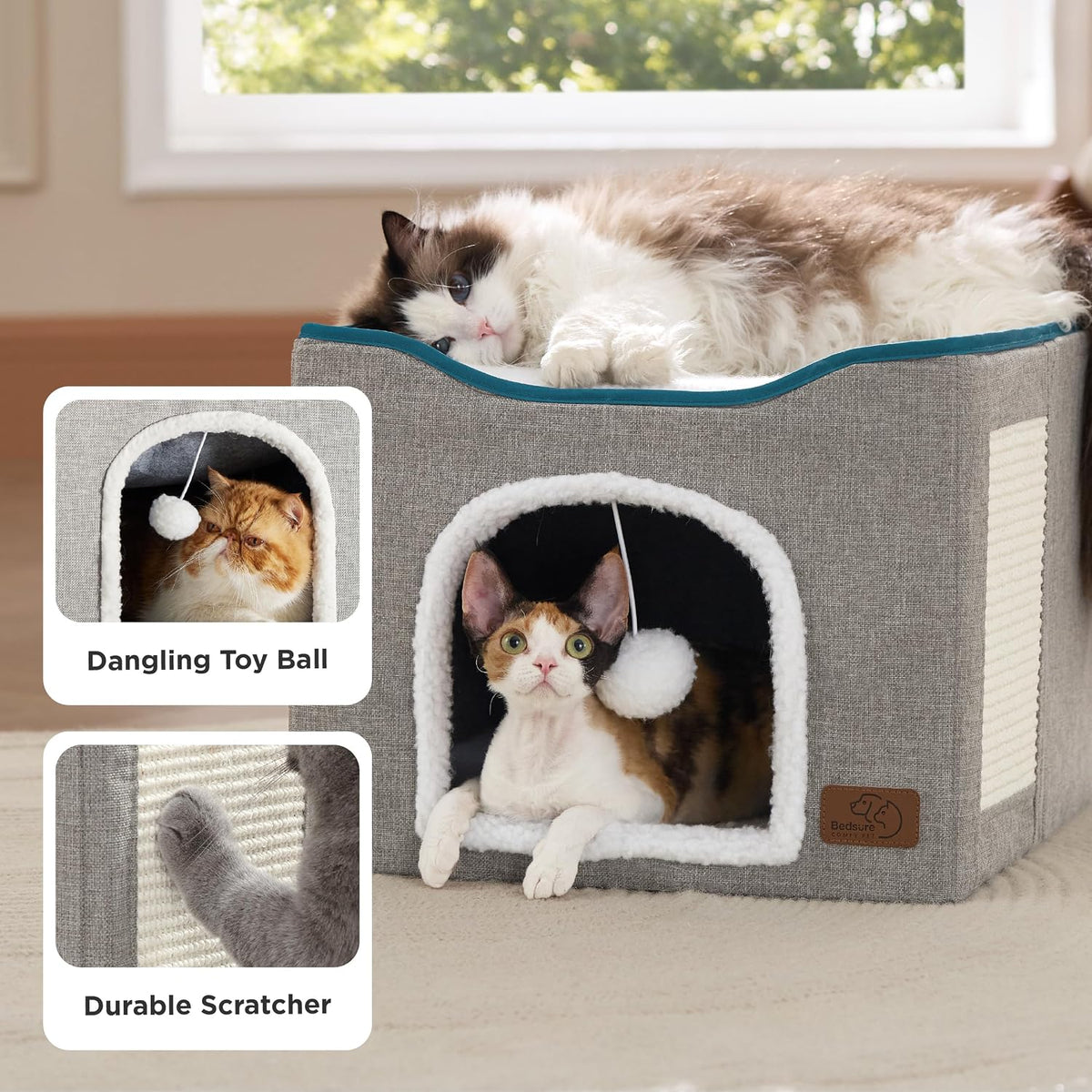 Bedsure Cat House Bed for Indoor Cats with Fluffy Ball and Scratch Pad