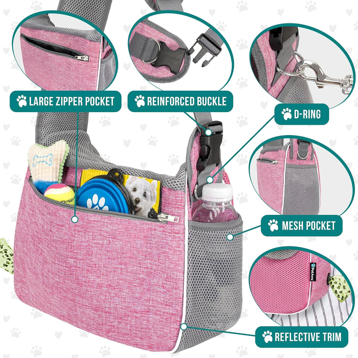 PetAmi Dog Sling Carrier for Small Dogs, Hands Free Crossbody Carrier, Pink