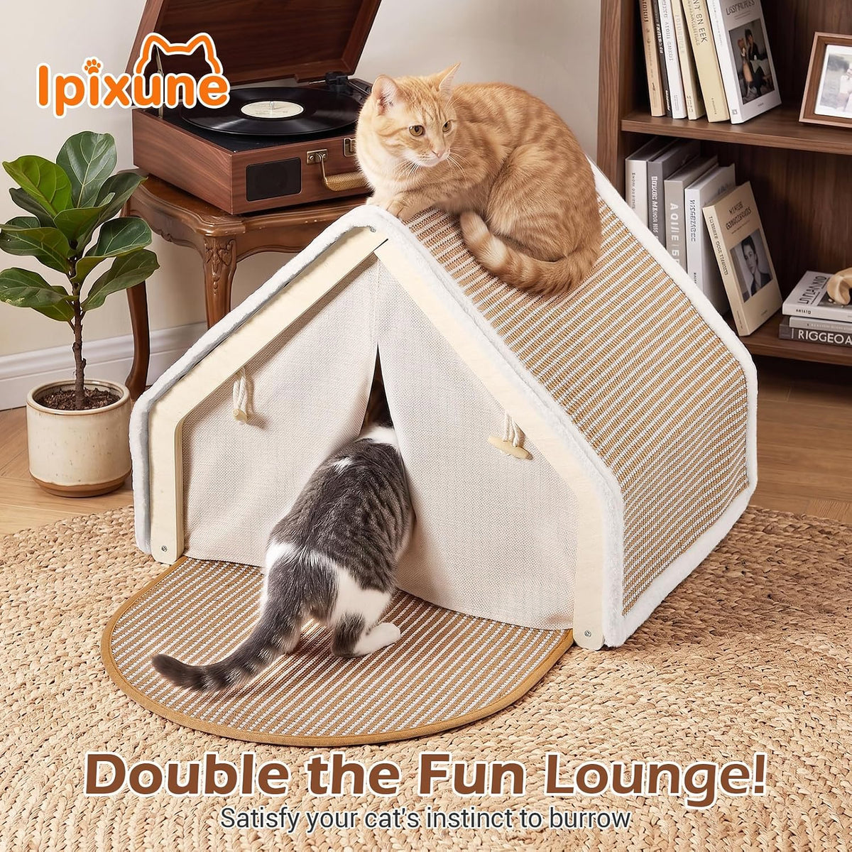 Cat Cave Bed with Jute Scratcher, Wood A-Frame Cat Tent House