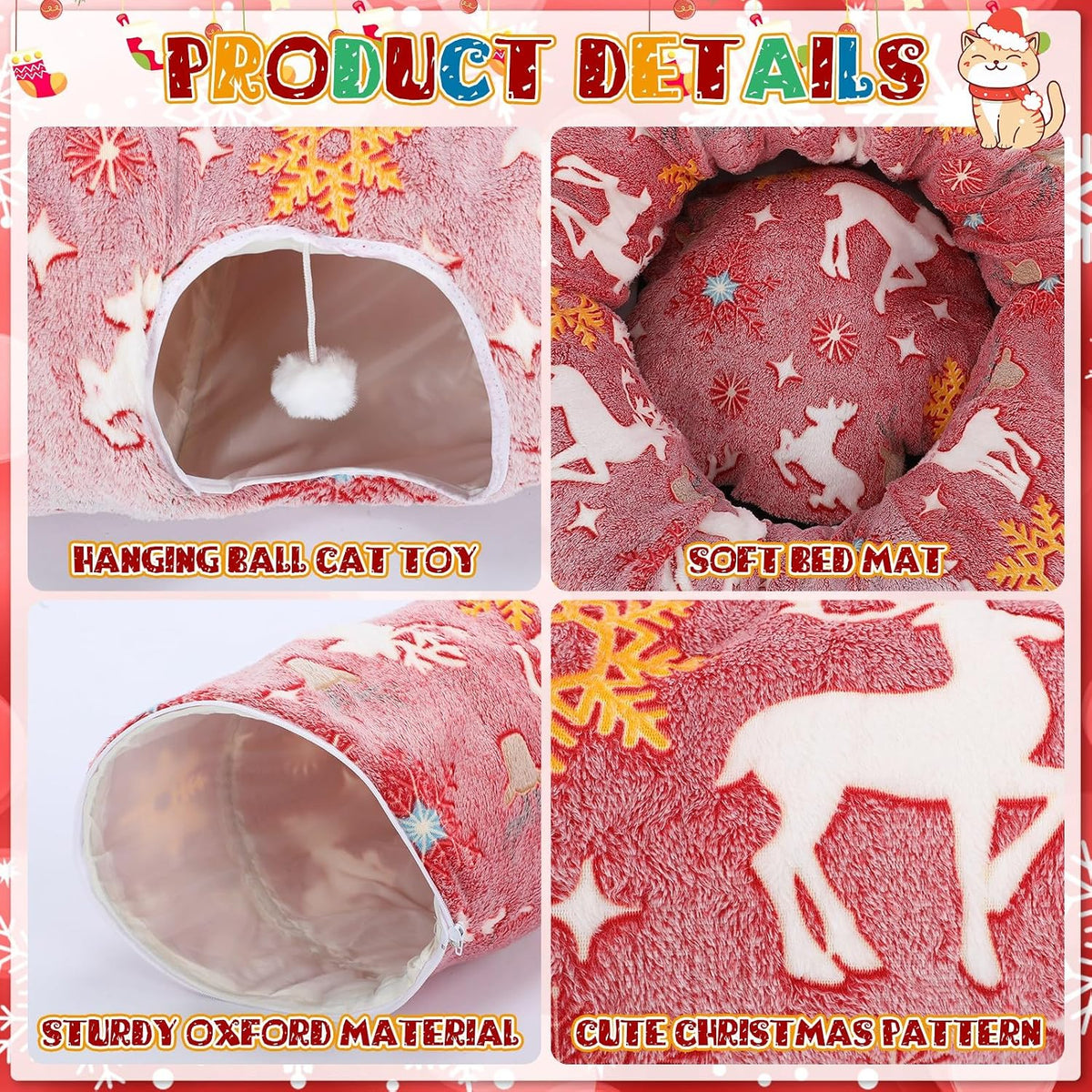 Cat Tunnel Christmas Tree Skirt 3 ft x 3 ft x 10 Inch Cat Bed Donut Cave Indoor Fluffy Circular with Mat and Ball Playground Toys for Festive Kitten Puppy Ferret Rabbit(Red,Elk)