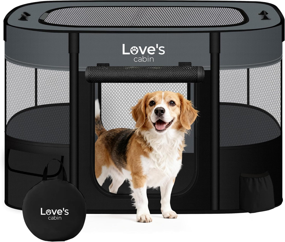 Love's cabin Pet Puppy Dog Playpen, Large Dog Tent Crates Cage Indoor/Outdoor, Portable Exercise Playpen for Dog and Cat, Foldable Pop Up Dog Kennel Playpen with Carring Case (L, Grey)
