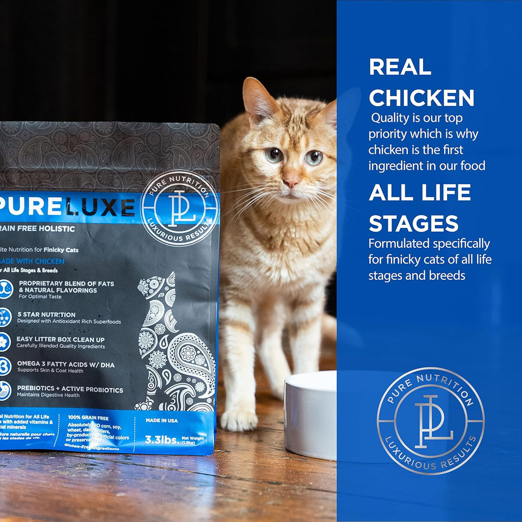 PURELUXE Grain and Gluten Free Cat Food, Finicky Cat Elite Nutrition, Chicken, Chickpeas, and Salmon, for All Life Stages and Breeds, Made in The USA, 3.3lbs