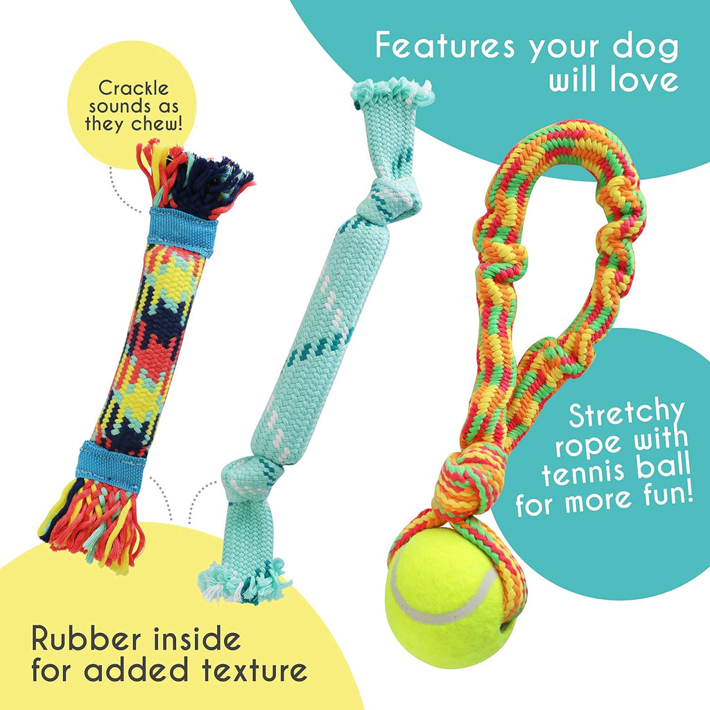 rocket & rex Puppy Rope & Tug of War Toys for Teething (3pk) | For small-medium breeds. Stretchy tug, rubber-lined rope & crackle rope toys. Reduce anxiety & chewing.