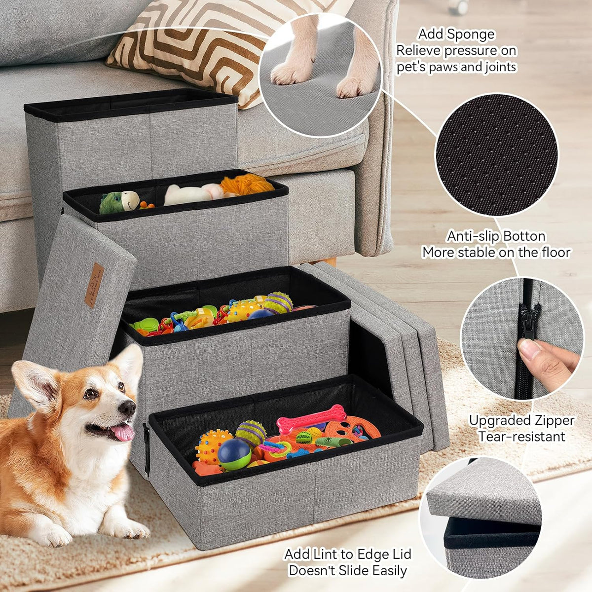 Zerbuger Dog Stairs with Storage, Grey 4 Steps Dog Ramp no Condo for Bed