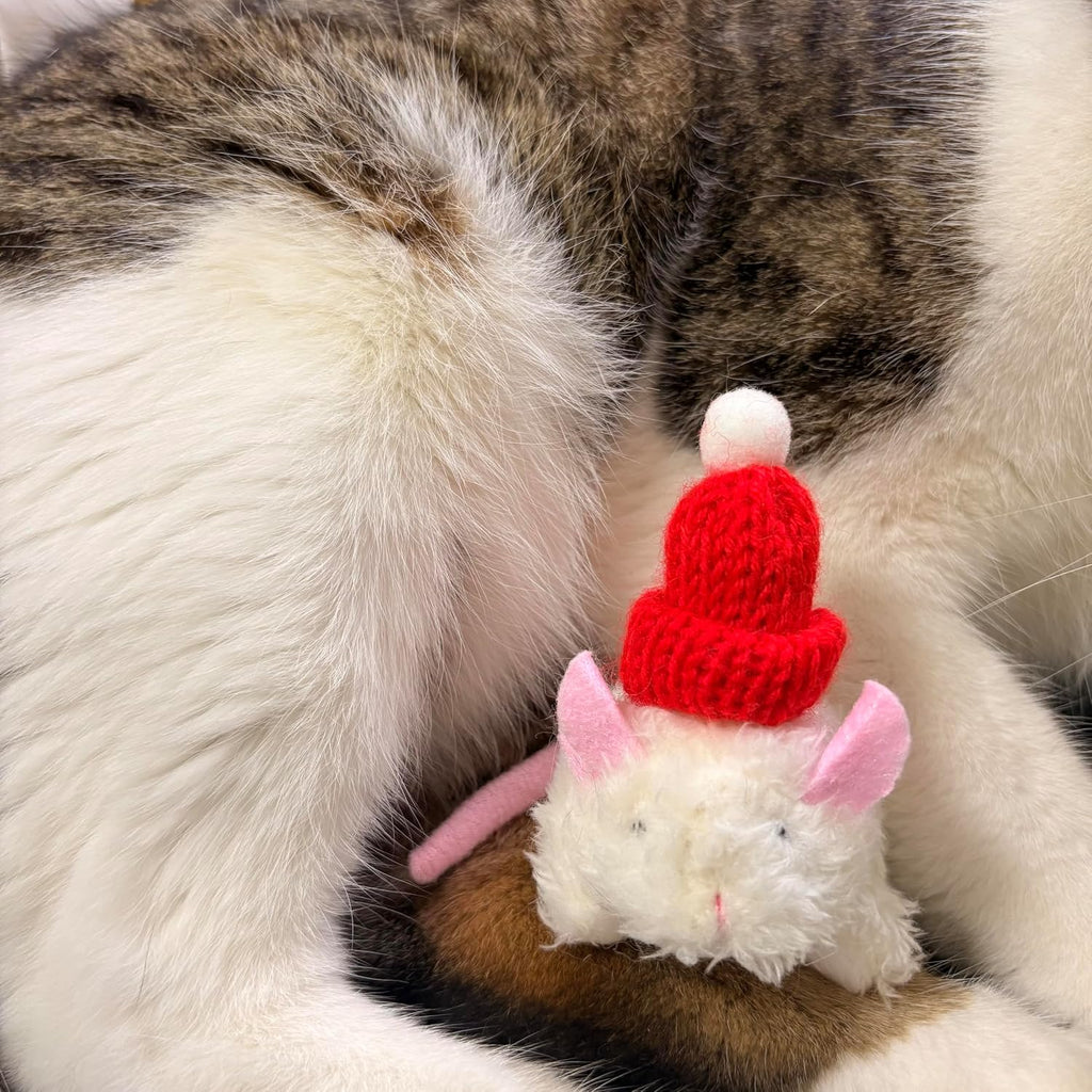 2 Pcs Xmas Catnip Mouse Toys for Cats, Cute Plush Rat Wearing Knit Hat, Built-in Bell & Catnip, Funny Holiday Chew Gift for Indoor Kitty