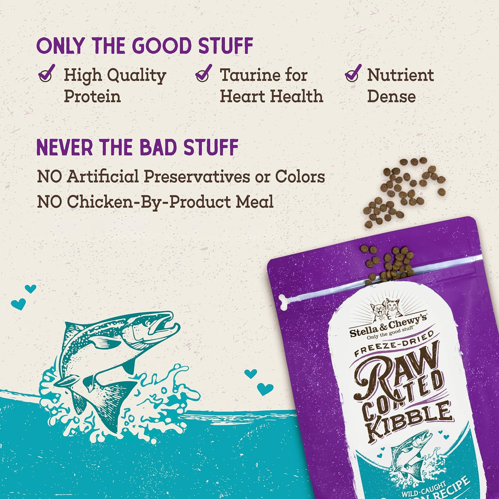 Stella & Chewy's Raw Coated Cat Food - High Protein, Grain-Free Kibble with Wild-Caught Salmon - Premium Digestive Support with Probiotics - Natural Small Kibble - Perfect For Picky Eater - 2.5lb Bag