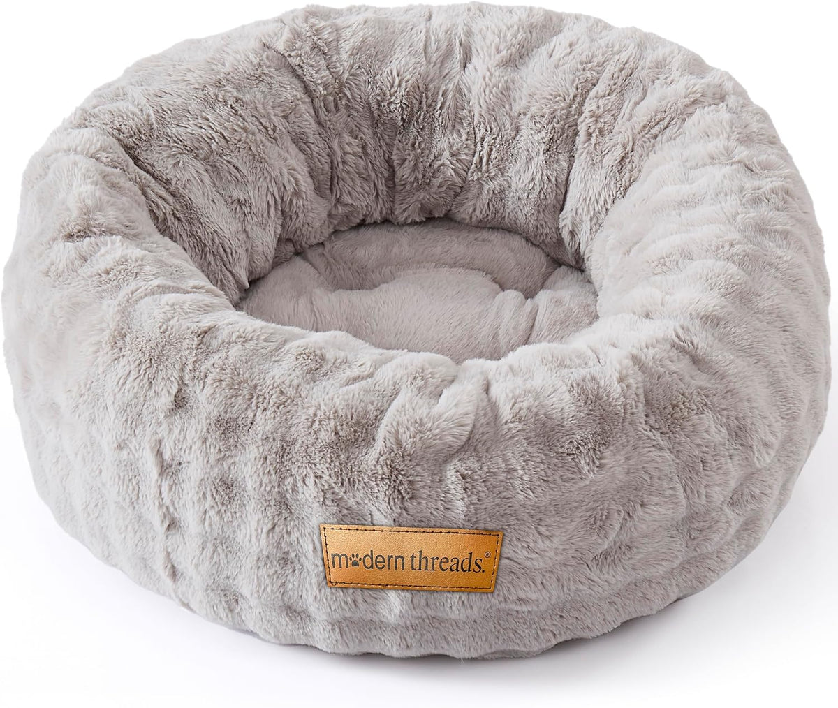 Modern Threads Calming Donut Dog Bed for Small Dogs, Plush Round Faux Fur Pet Bed with Raised Bolster, Soft Washable Dog Bed, 24x24x9, Gray