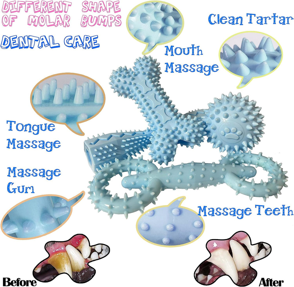 4-Pack Soft Rubber Puppy Teething Toys for 2-8 Months Puppies,Blue | Chew Toys for Small & Medium Dog,Durable Bone Ball Donut,Teeth cleaning,food dispensing,Keeps Them Busy, Dental Textured