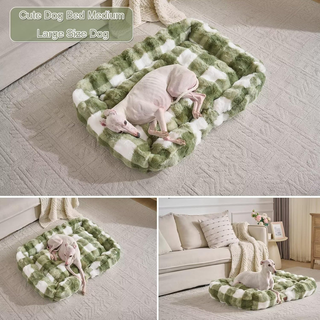 Washable Orthopedic Dog Bed,Rectangle Fleece & Luxury Pet Bed with Removable Zipper Cover & Anti-Slip Bottom,Suitable for Medium Large Dogs,40x30x7.5inches,Sage Green Grid Print