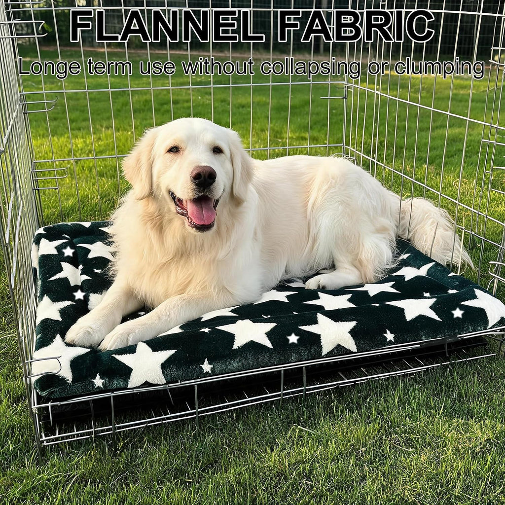 Dog Bed Mat, Reversible Crate Pad & Durable Dog Bed - Machine Washable Kennel Mat with Ultra Soft for Large Dogs (Big&Small Stars Green, 35" L*23" W*1.5" Th)